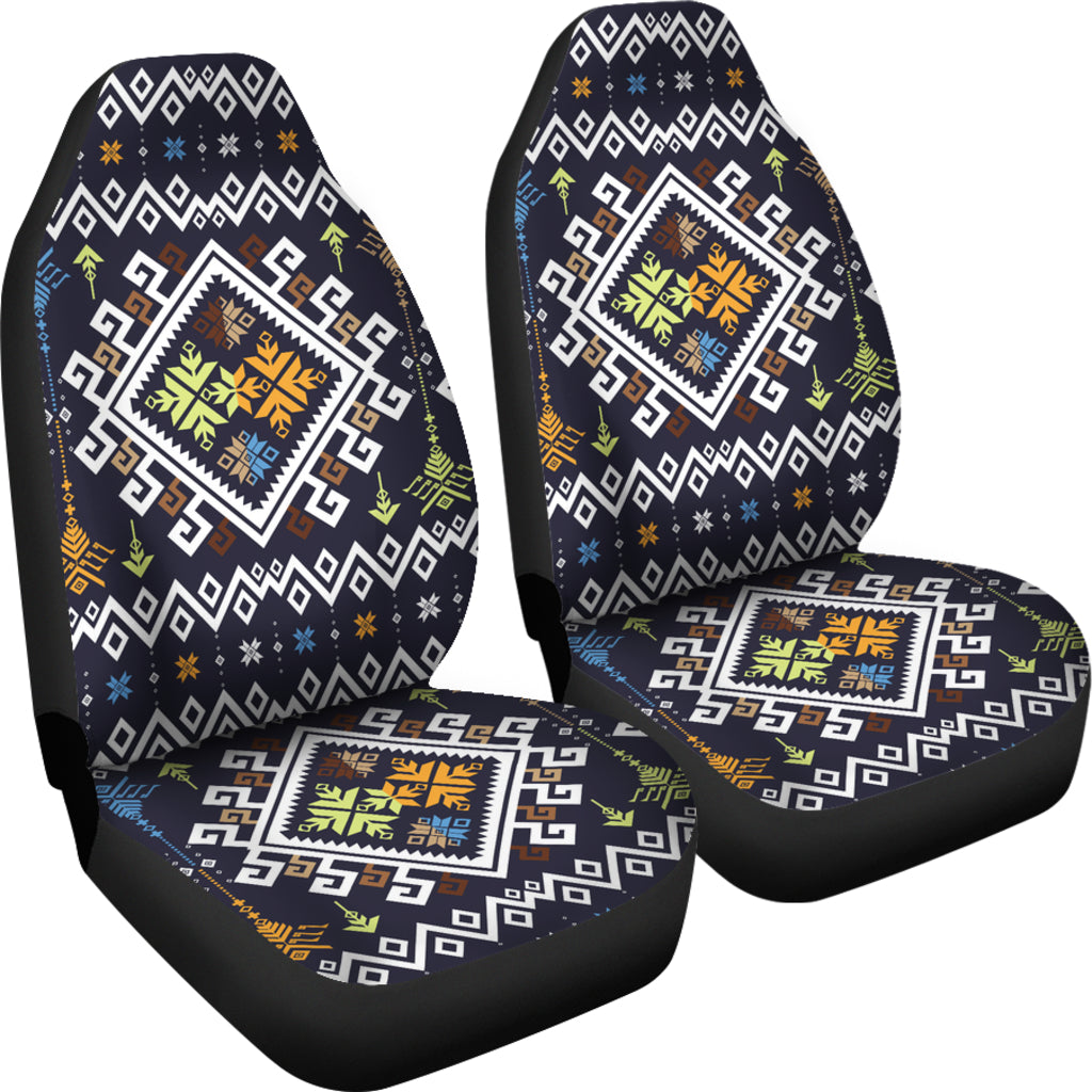 Multicolor geometric car seat cover set with navy base, headrests and seat cushions