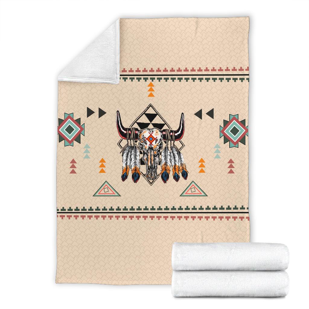 Beige Native bison premium blanket with white backing, multicolor geometric motifs