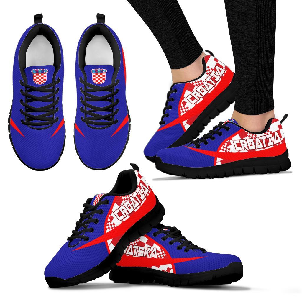Croatia sneakers set: pair plus side view, blue/red uppers with black tread sole
