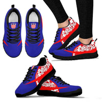 Croatia sneakers set: pair plus side view, blue/red uppers with black tread sole