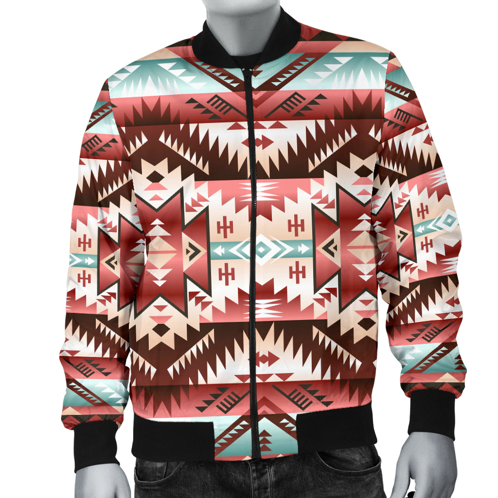 Colorful bomber jacket front view, bold aztec graphic, black zip and ribbed waist