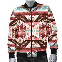 Colorful bomber jacket front view, bold aztec graphic, black zip and ribbed waist