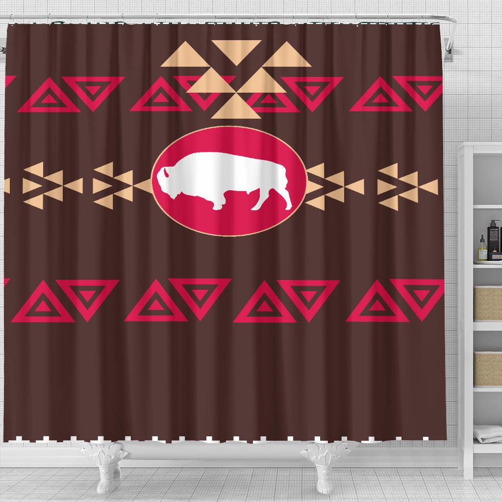 Brown shower curtain section: centered pink bison oval with red and beige arrow triangles