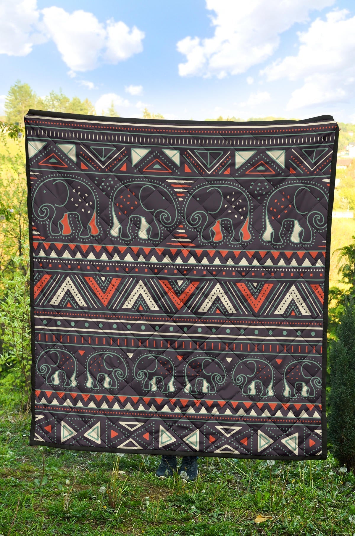 Full tribal elephant quilt blanket with multicolor triangle and zigzag bands, dark ground