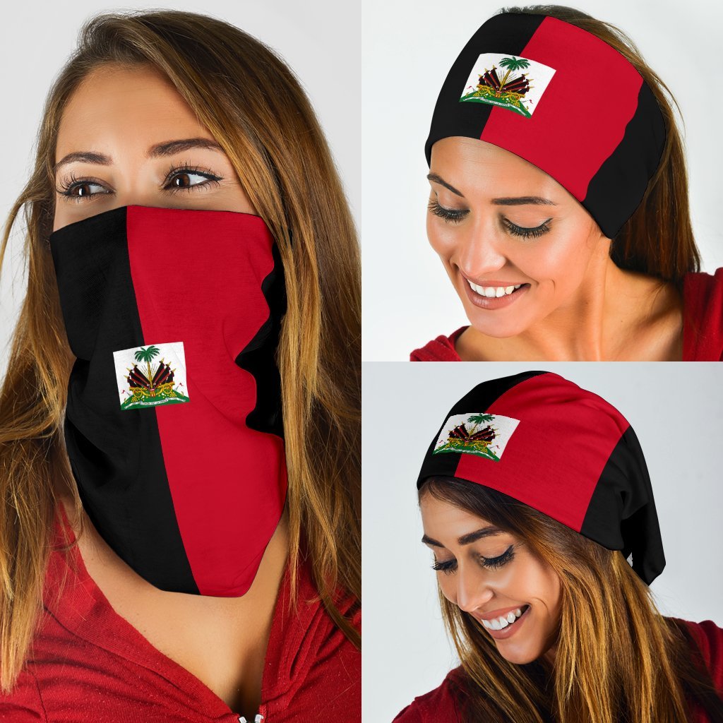 Haiti flag bandana face covering with crest patch, black and red panels