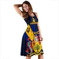 Barbados Special Flag women's dress, side view, dark blue sleeveless crest and badge print