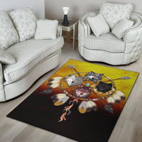 Multicolor area rug with four wolf warriors and feather halo, circular Native pattern