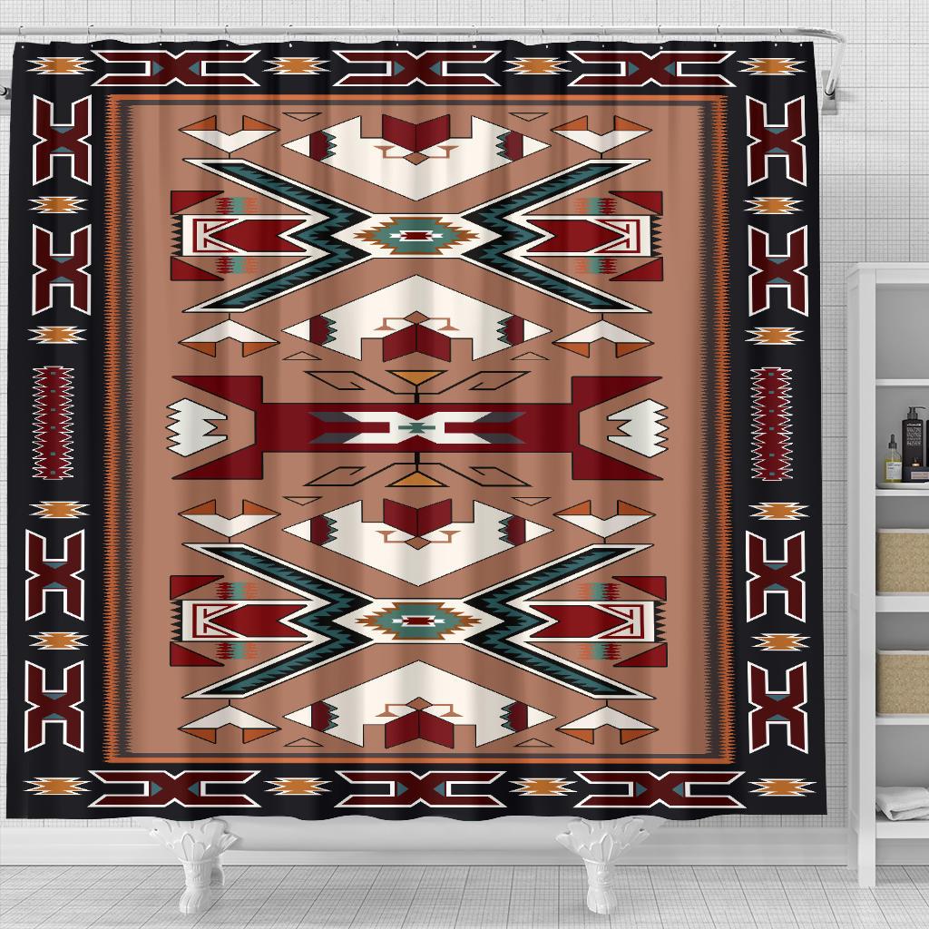 Orange-brown geometric shower curtain with repeating X and H corner motifs, black frame