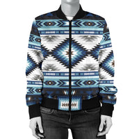 Front view women’s bomber jacket with blue pattern, zip closure, and ribbed waistband