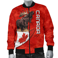 Red Canada-themed bomber jacket with moose, Canada flag panel, black cuffs and waistband.