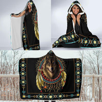 Black wolf hooded blanket with multicolor geometric borders and dreamcatcher graphic