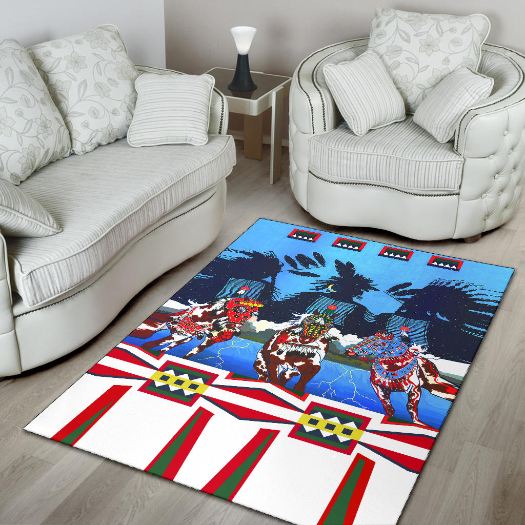 Area rug with blue horse figures and red-green-white geometric striped border