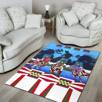 Area rug with blue horse figures and red-green-white geometric striped border