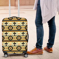 Yellow rolling luggage cover with multicolor Aztec geometric print and wheel openings