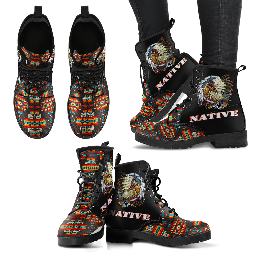 Black boots shown from multiple angles: multicolor patterned sides, feather art, “NATIVE”