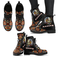 Black boots shown from multiple angles: multicolor patterned sides, feather art, “NATIVE”