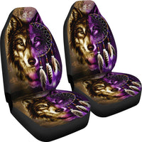 Set of two car seat covers with purple wolf dreamcatcher graphic on backrests and cushions