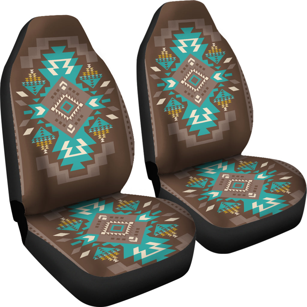 LT10 seat cover set for two seats, brown with teal and multicolor geometric center design