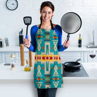 Apron worn front view: turquoise native geometric design with black tie straps