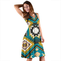 Turquoise sleeveless dress in side view, bold geometric print with flared skirt