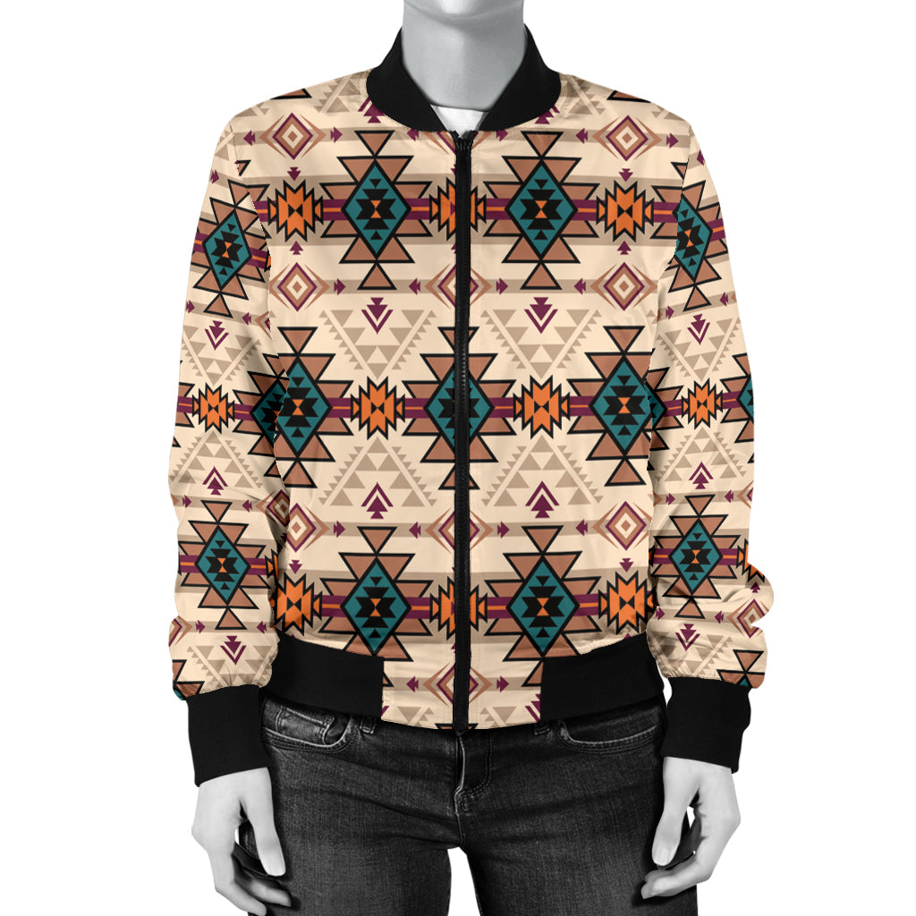 Retro tribal bomber jacket with front zipper, colorful geometric print and black ribbed hem