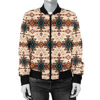 Retro tribal bomber jacket with front zipper, colorful geometric print and black ribbed hem