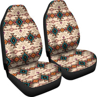 Pair of car seat covers featuring colorful retro tribal design on beige with black edges