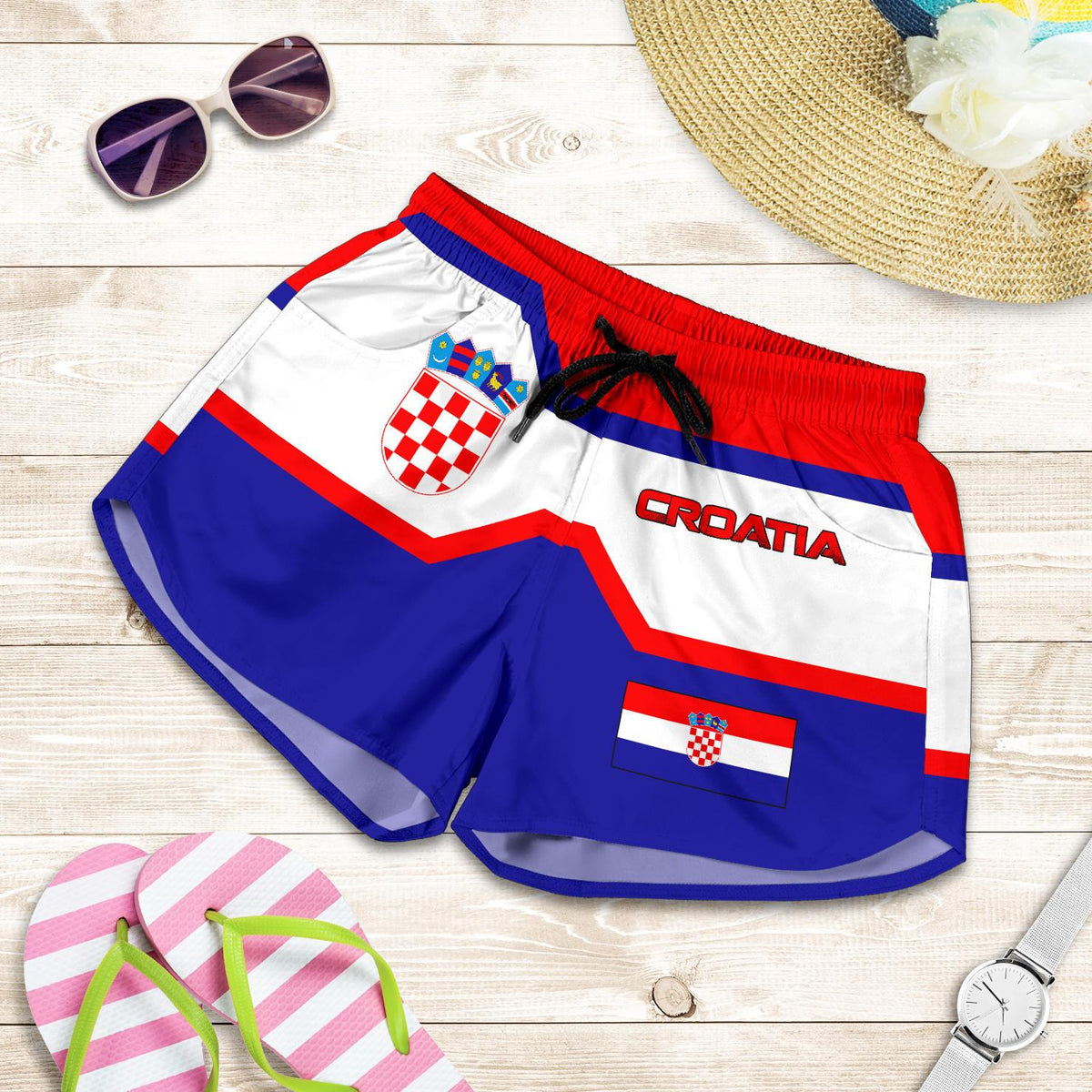Red, white & blue Croatia flag print women's trapeze shorts, side view