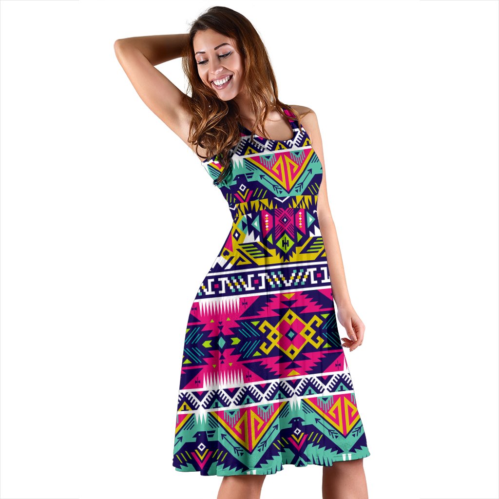 Colorful Thunderbird dress in multicolor tribal 3D print; sleeveless side view