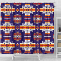 Purple shower curtain close-up with blue, white, and orange geometric blocks and red stripes