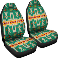 Two green car seat covers with Native geometric multicolor design, close-up view