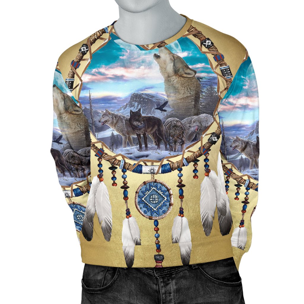 Wolves and dreamcatcher graphic sweatshirt, multicolor with central blue dreamcatcher