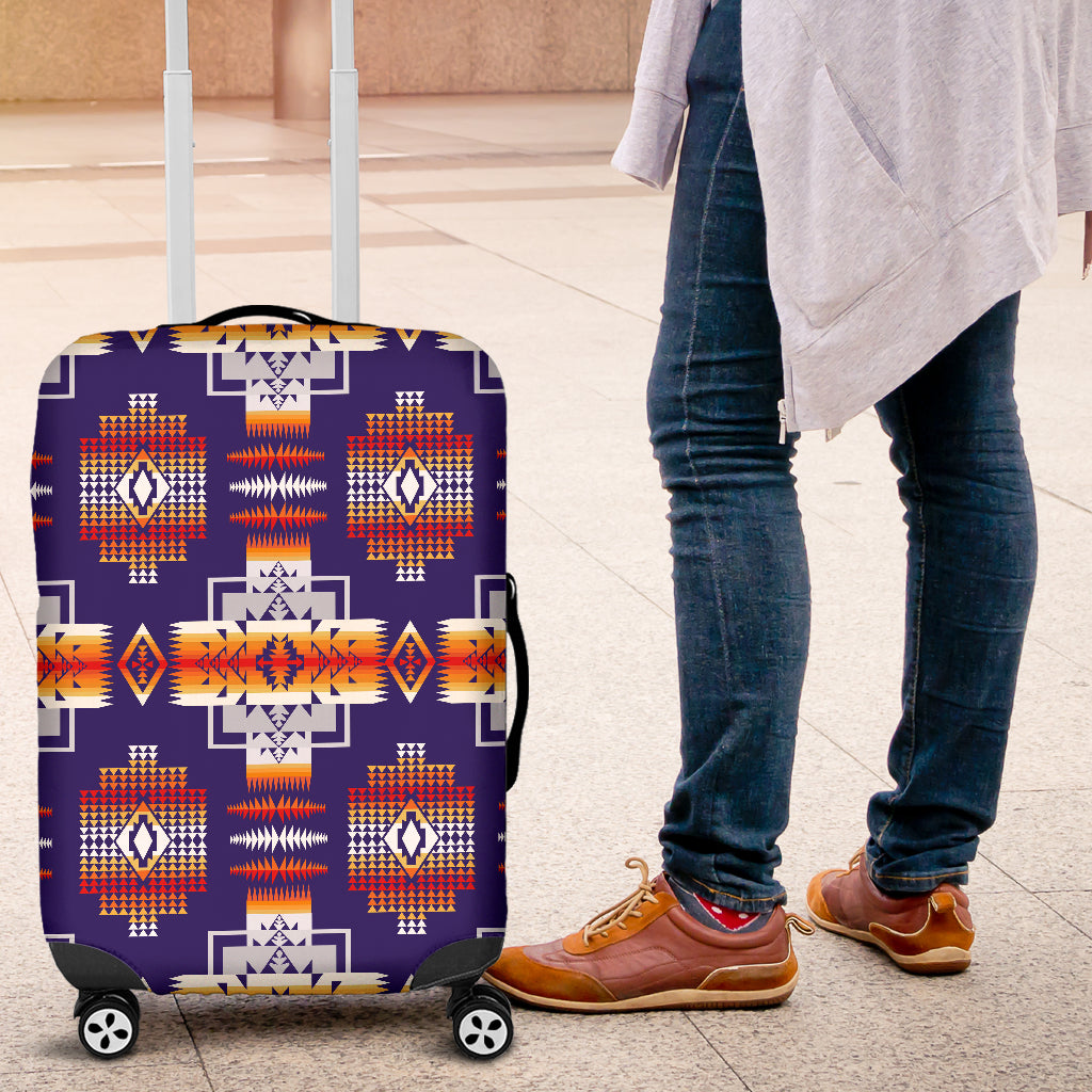 Purple geometric patterned suitcase cover with fitted corners and wheels