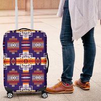 Purple geometric patterned suitcase cover with fitted corners and wheels