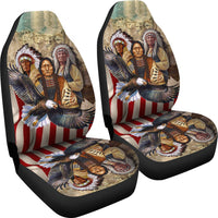 Set of multicolor car seat covers showing eagle, Native American faces, and red/white stripes