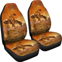 Multicolor warrior-on-horseback car seat cover set with black sides, two seats view