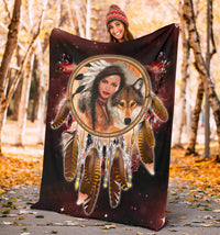 Maroon dream catcher blanket with Native girl and wolf portrait and hanging feather design