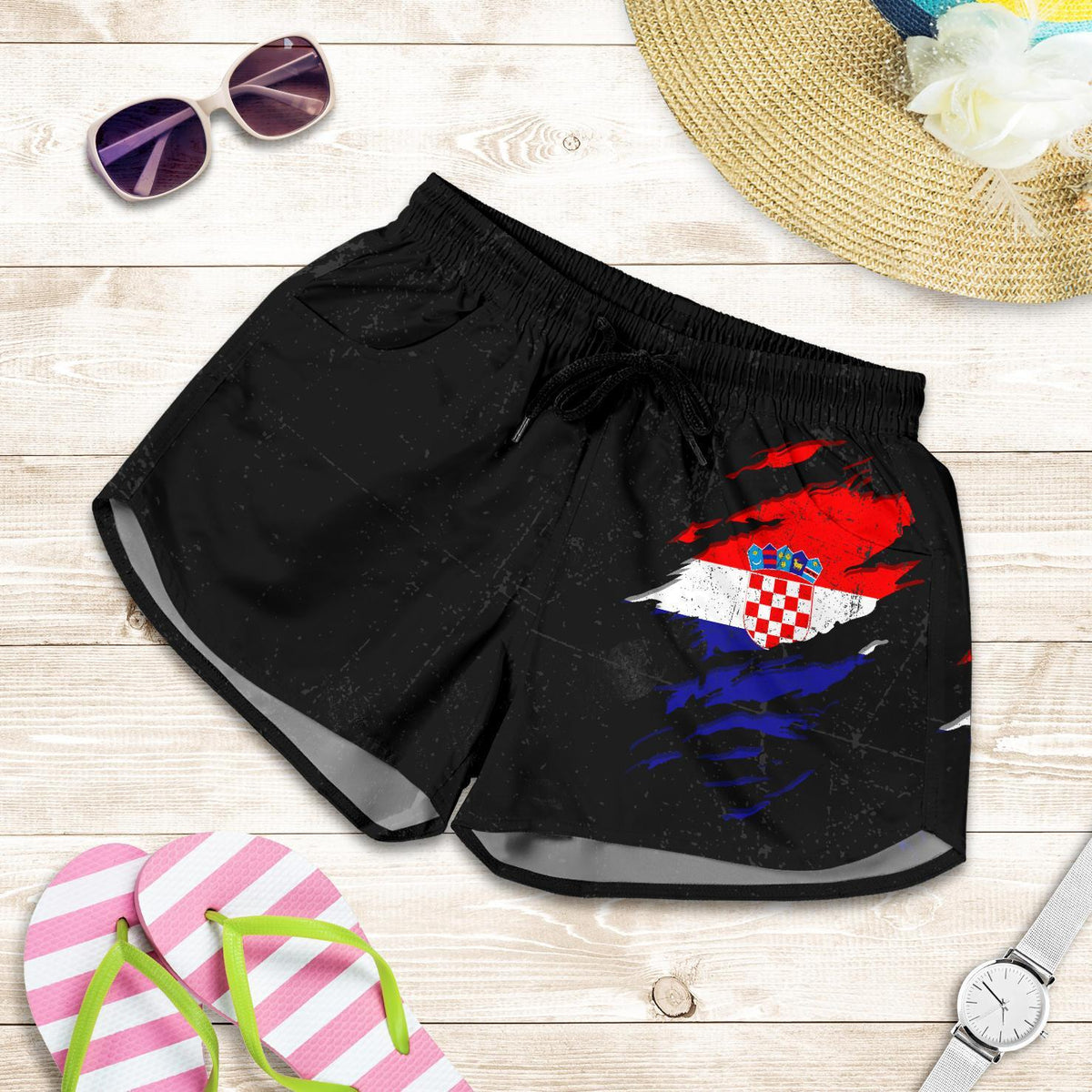 Flat lay black shorts with drawstring elastic waist and Croatia flag grunge graphic