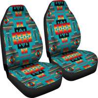 Multicolor native-style front seat covers, teal/red geometric motifs with black trim