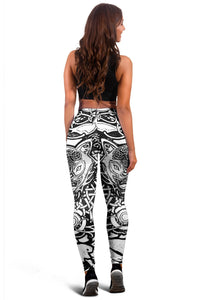 Back view of black and gray Viking wolf tattoo leggings with detailed tribal-style artwork