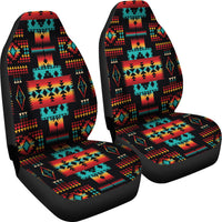 Pair of black front seat covers with multicolor Native geometric pattern