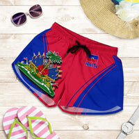 Women’s Haiti pride shorts in red and blue with drawstring and bold flag graphic