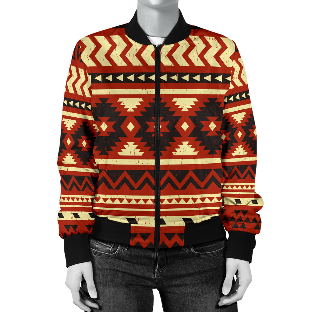 Women’s bomber jacket front view, tribal geometric stripe pattern with black ribbed cuffs
