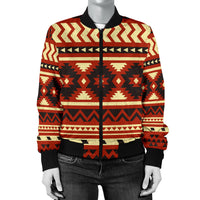 Women’s bomber jacket front view, tribal geometric stripe pattern with black ribbed cuffs