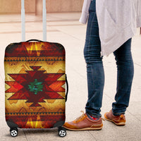 Colorful Native American geometric luggage cover with red yellow green pattern, side view
