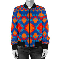 Front view women’s bomber jacket, bright geometric pattern and black ribbed hem