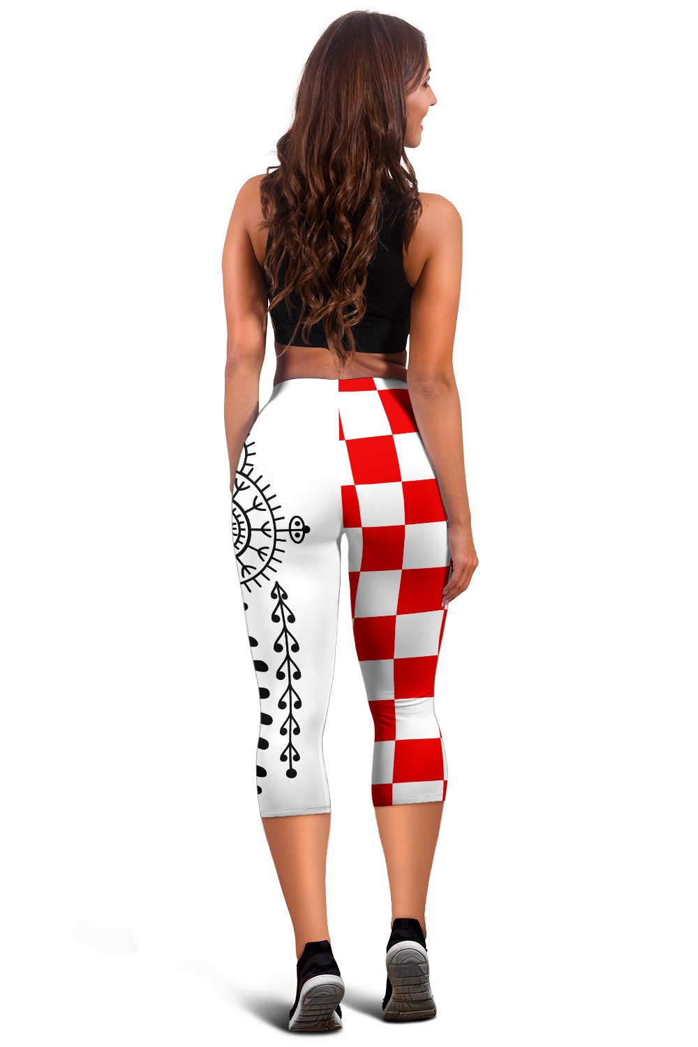 Croatia capri leggings, back shows red check stripe and black ornamental design on white