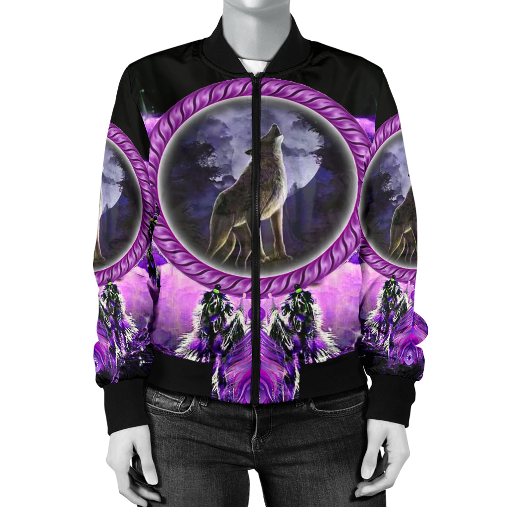 Women’s black bomber jacket with purple moonlit wolf circle and feather dreamcatcher print