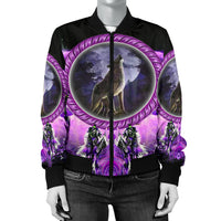 Women’s black bomber jacket with purple moonlit wolf circle and feather dreamcatcher print