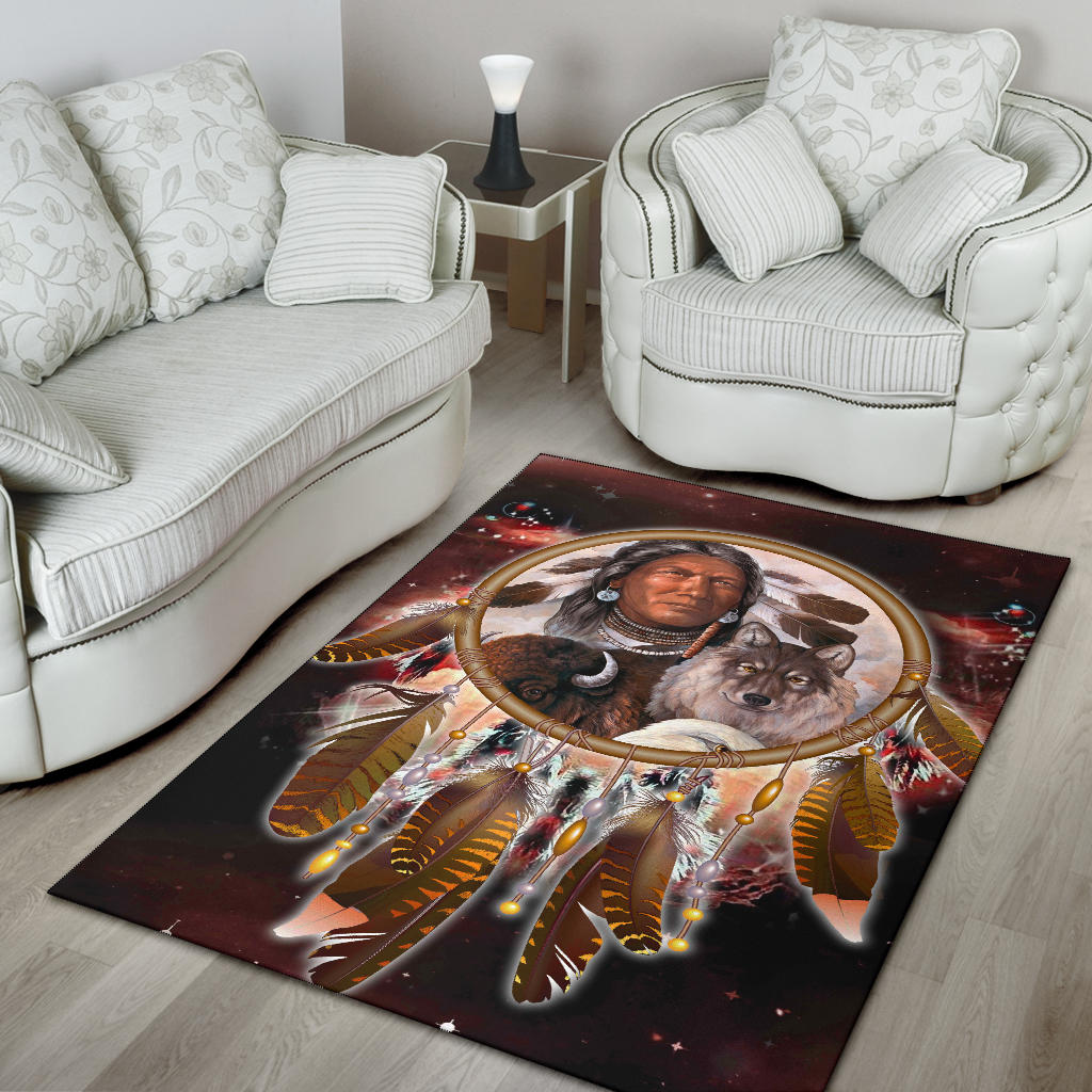 Chief and Animals rug with dreamcatcher center and multicolor feather pattern